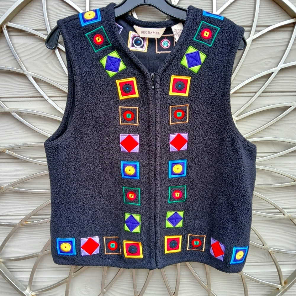 Bechamel Black Vest with Colorful Geometric Accents